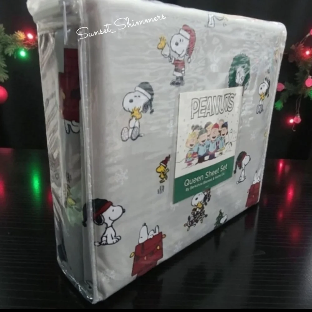 4pc Peanuts Snoopy & Woodstock Christmas Queen Bed Snowflake Sheet Set Decor NEW